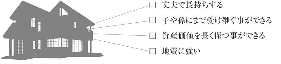 丈夫で長持ちする 子や孫にまで受け継ぐ事ができる 資産価値を長く保つ事ができる 地震に強い